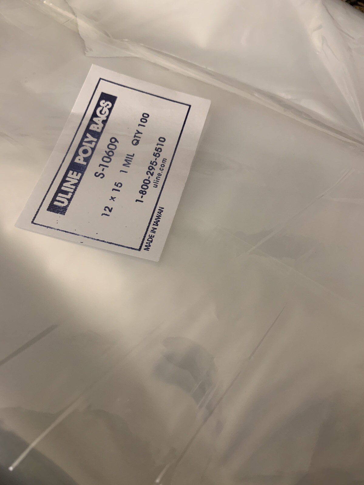 10 – 2000 Uline 12×15″ Clear Plastic Apparel/Goods Poly Bag 1Mil – 2″ Flap Lock