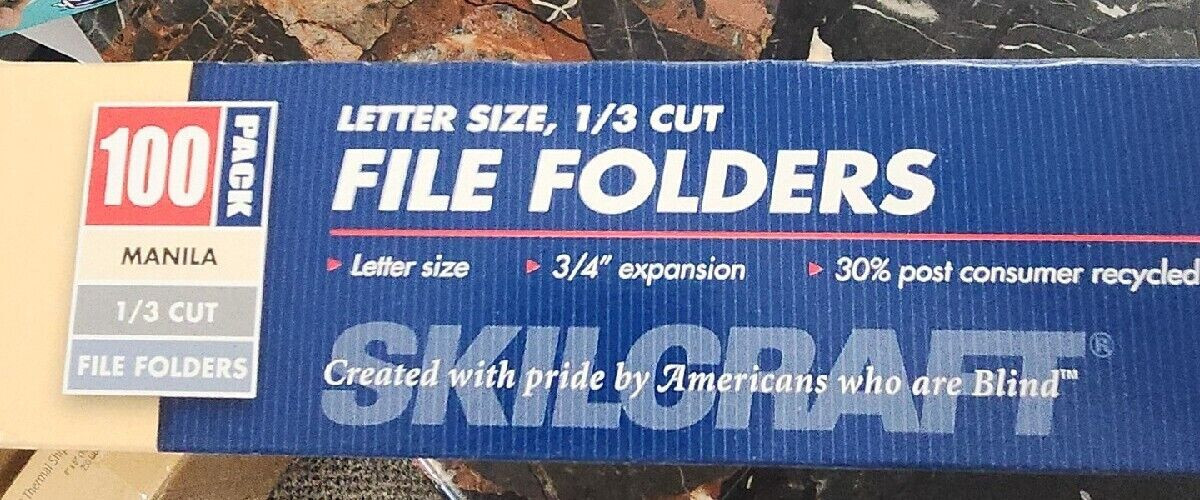 NEW – (100) Skilcraft 1/3 Cut Letter Size, 3/4 Expansion Manila File Folders