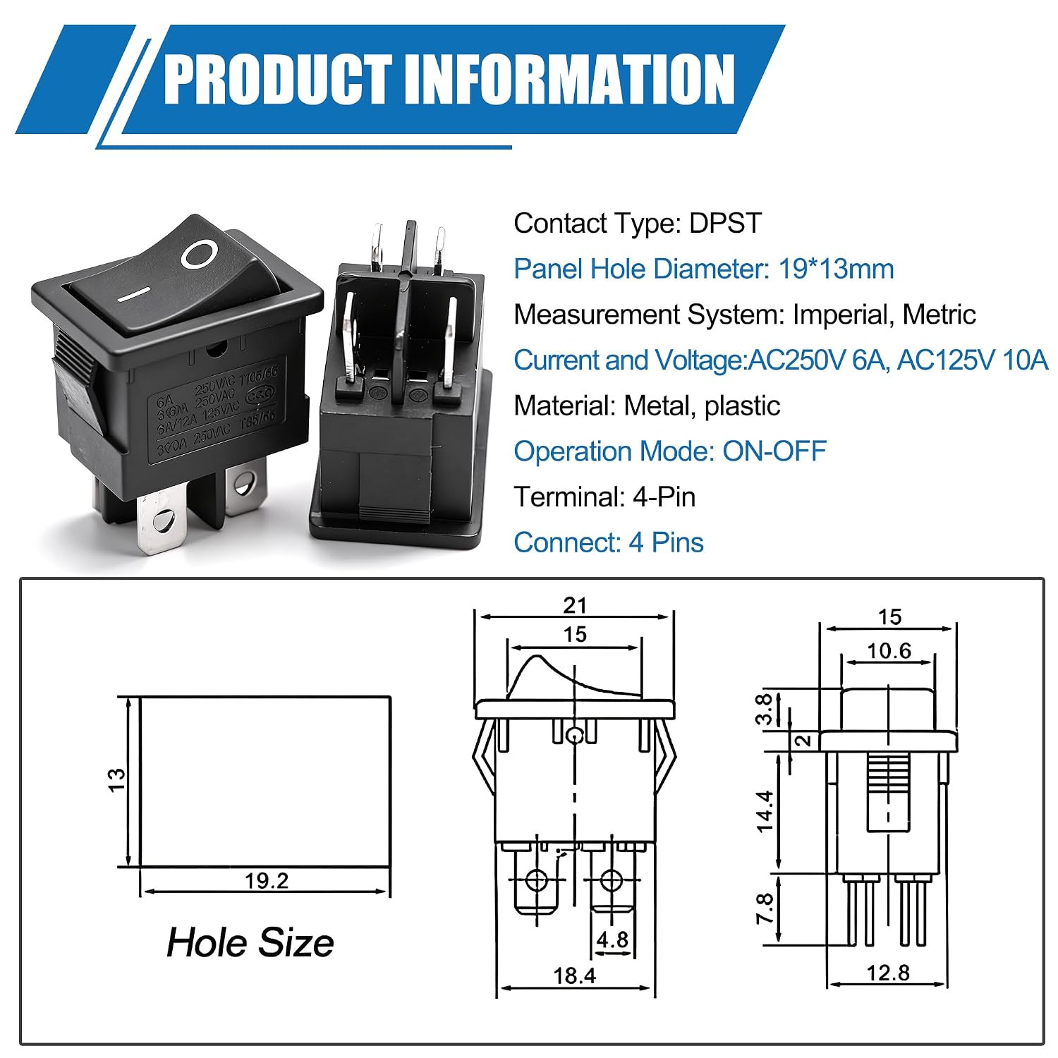 5Pcs Snap-In DPST Rocker Switch Toggle Power On-Off Switch 4 Pin AC 250V 6A 125V