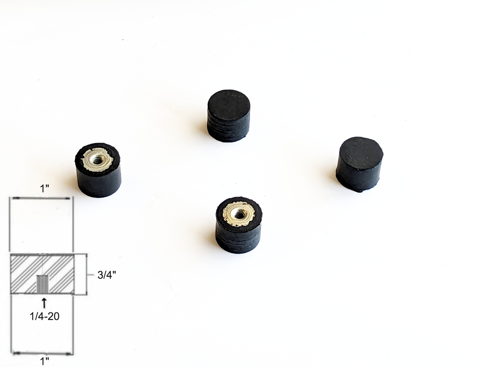 4 Rubber Vibration Isolator Mount (1″ Dia x 3/4» Thk) 1/4-20 Female Threaded