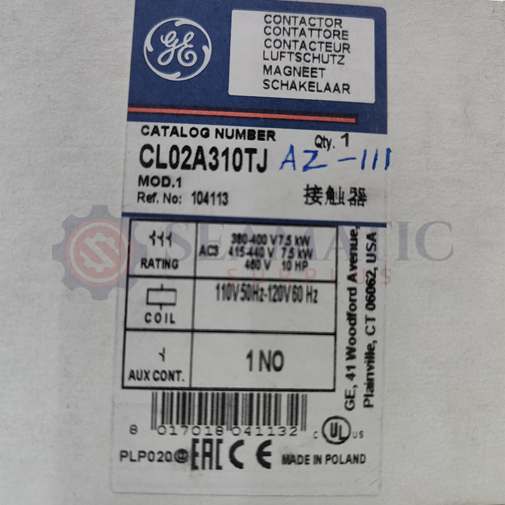 GE – CL02A310TJ CONTACTOR, 3 POLE 18A AC-3 380-440V, 1NO AUXILIARY, AZ#111+