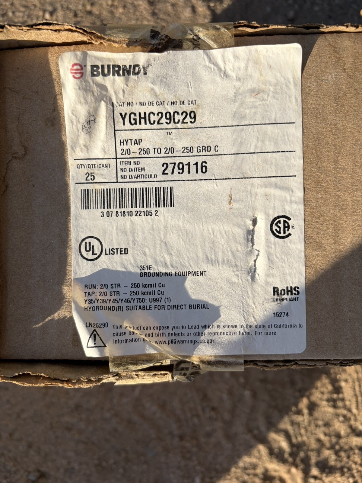 25 Burndy YGHC29C29 Compression Ground Copper Connector 250 KCMIL 3/0 STR