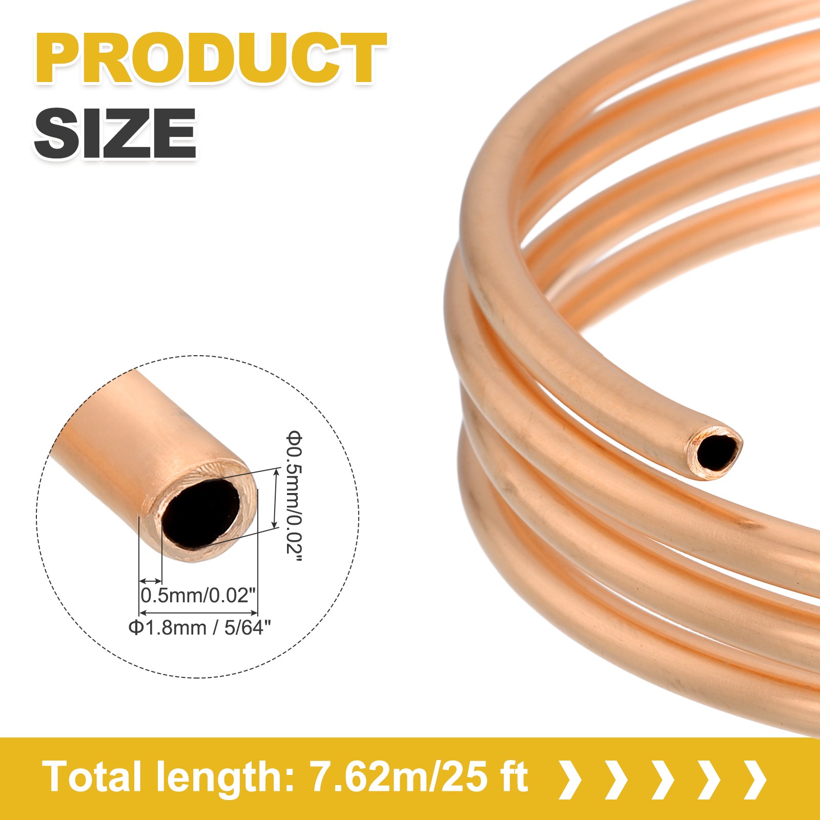 T2 Copper Tubing 0.02″ID x 5/64″OD x 25Ft, 99% Pure Copper Refrigeration Tube