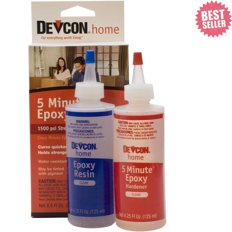 Devcon 5-Minute Epoxy – 2 Bottles, Clear Adhesive for Wood, Metal, Glass