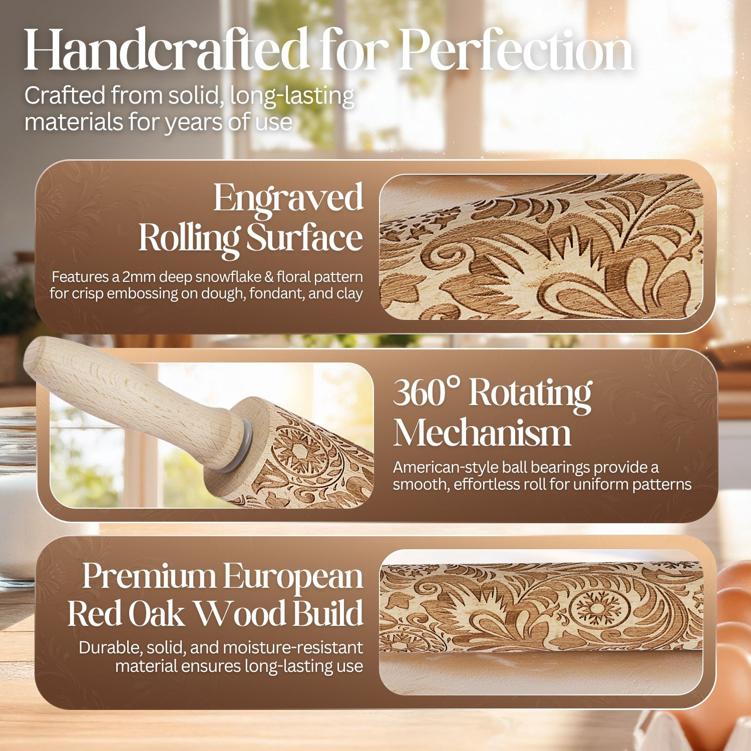 Embossed Rolling Pins With Patterns for Baking, 7.7-inch Engraved Wooden Rolling