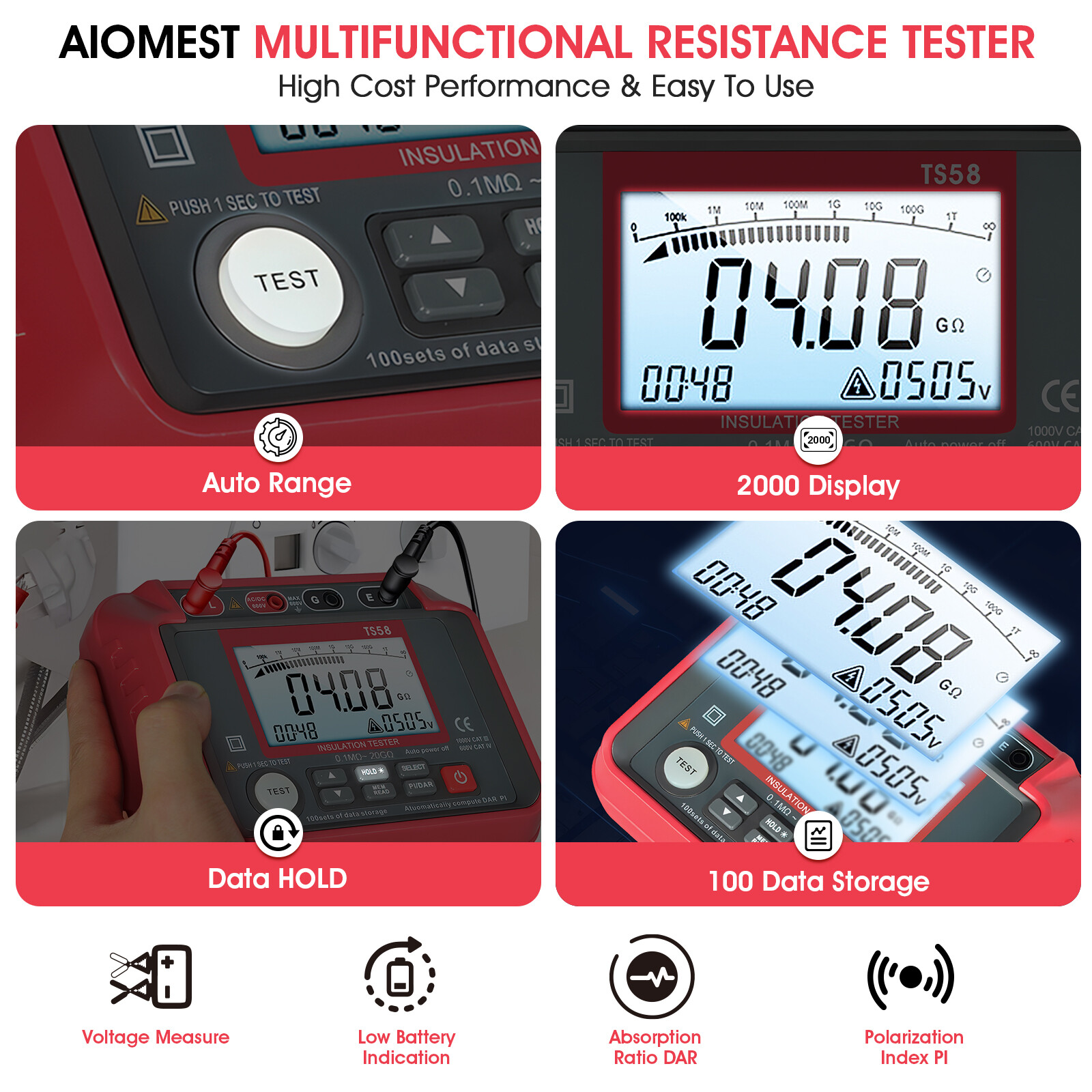 1000V Insulation Resistance Tester Megohmmeter Ohm, AC/DC Voltage Tester, PI/DAR