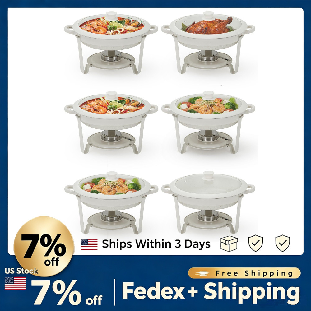 6 Pcs 5.3QT White Chafing Dishes Buffet Set, Non-Stick Coated Food Warmer