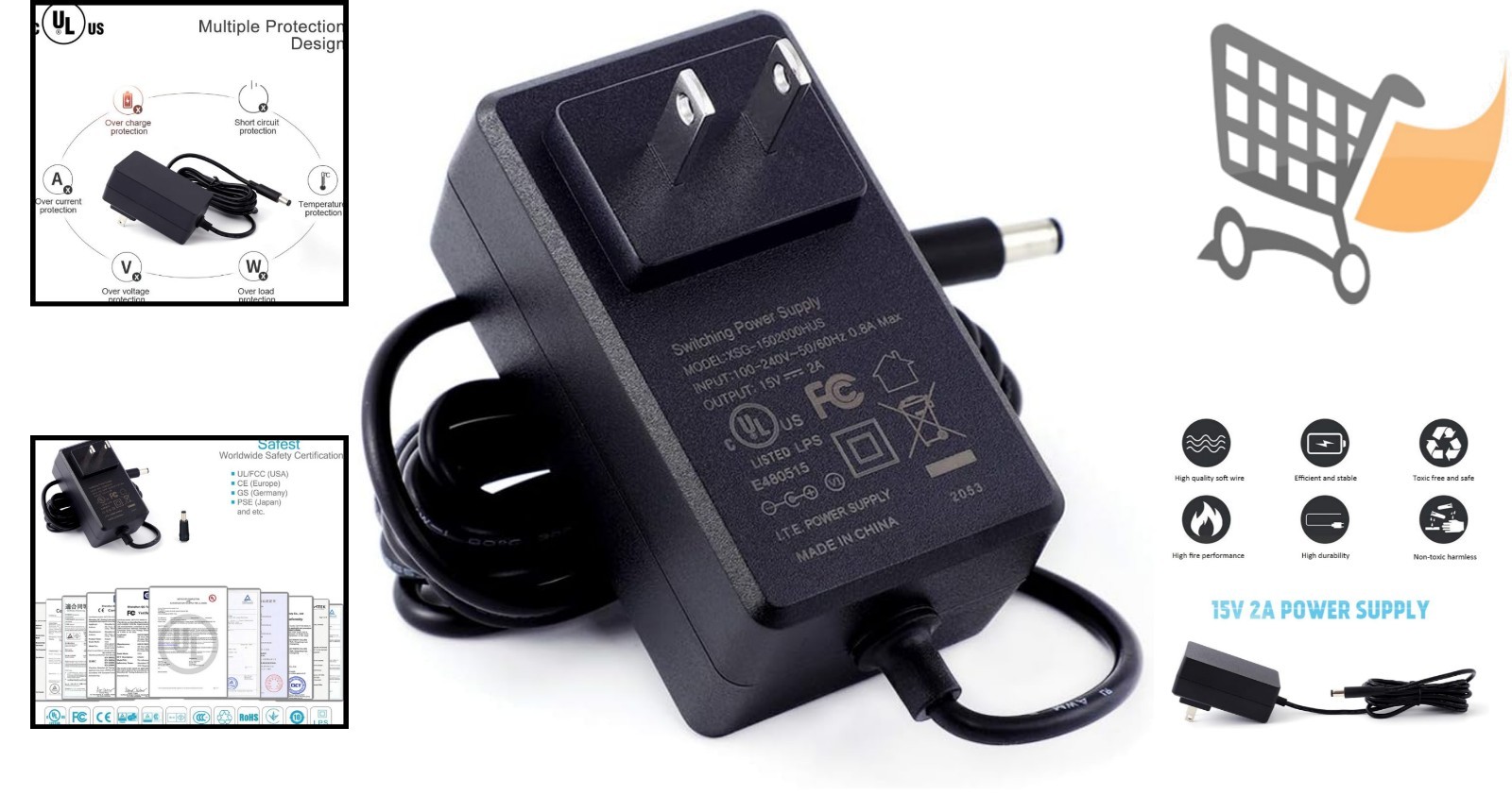 15V 2A Power Supply Adapter 30W Short Circuit Protection for Speakers