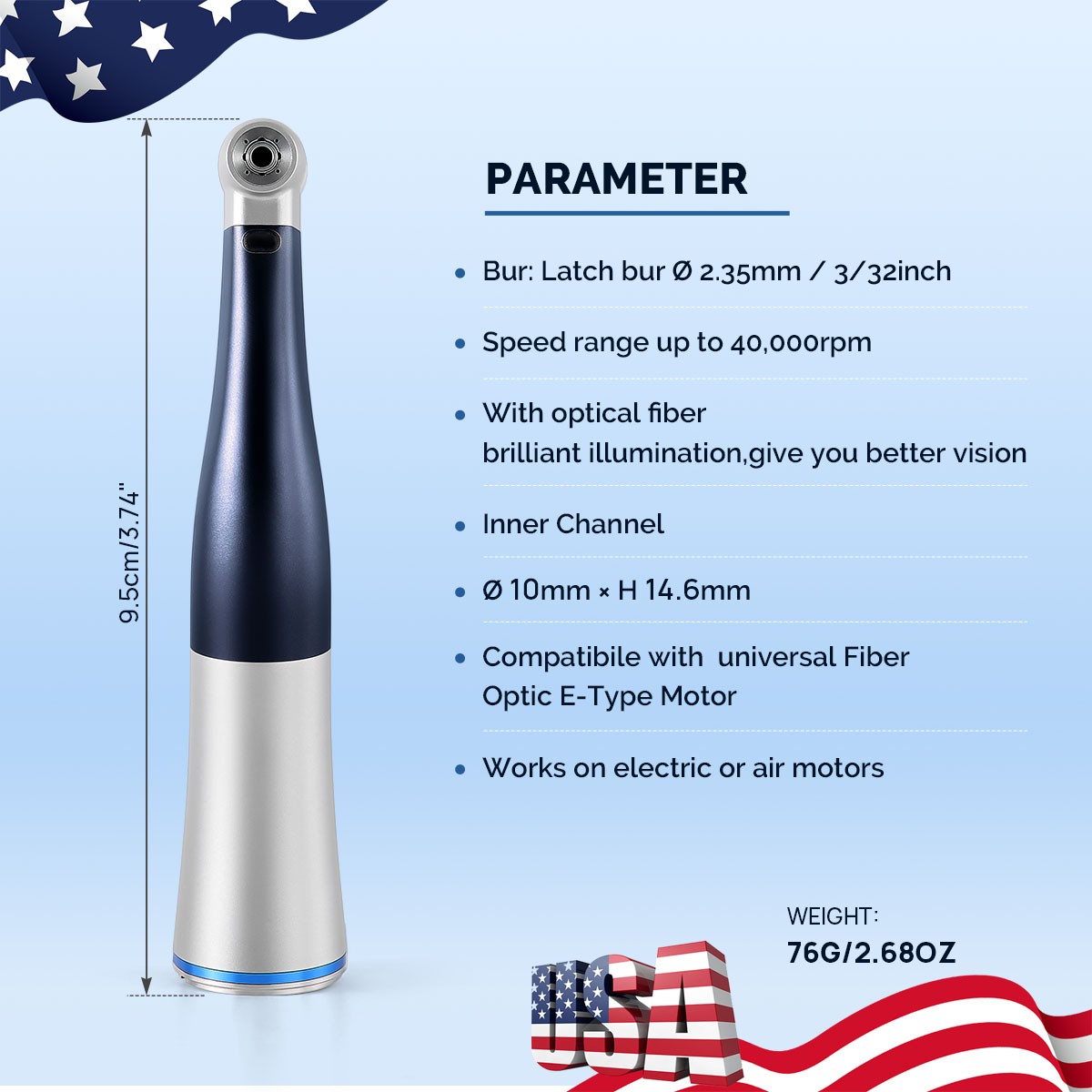 Dental LED Brushless Electric Micro Motor E-Type /1:1 LED Contra Angle Handpiece