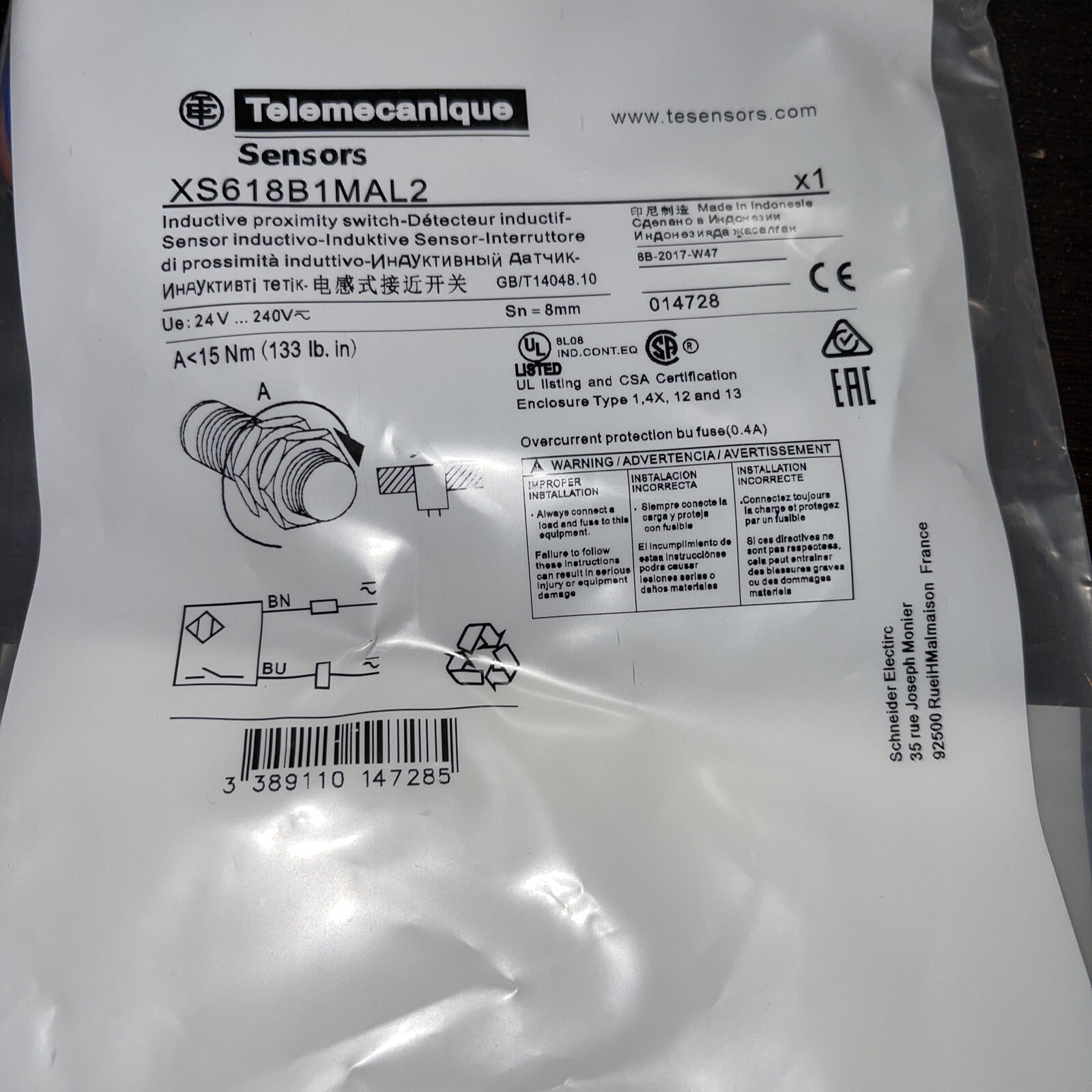 Telemecanique XS618B1MAL2 Inductive Proximity Sensor Switch