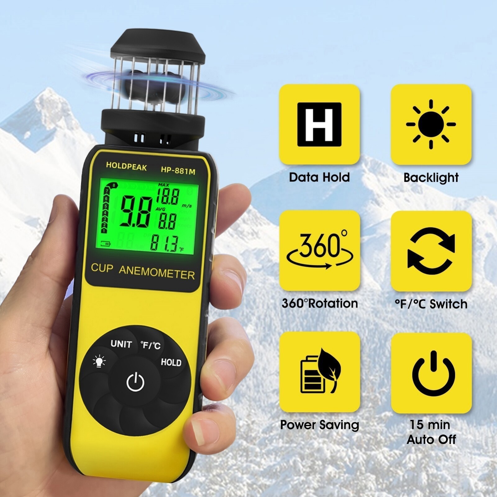 Cup Anemometer, Wind Speed/Temp, 5 Units Backlight Data Hold Max/Avg, Air Flow