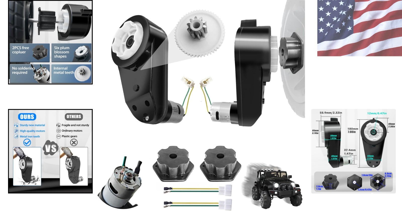 2PCS 24V RS555 High Speed Gearbox for Kids Ride-On Toy Upgrade & Connectors