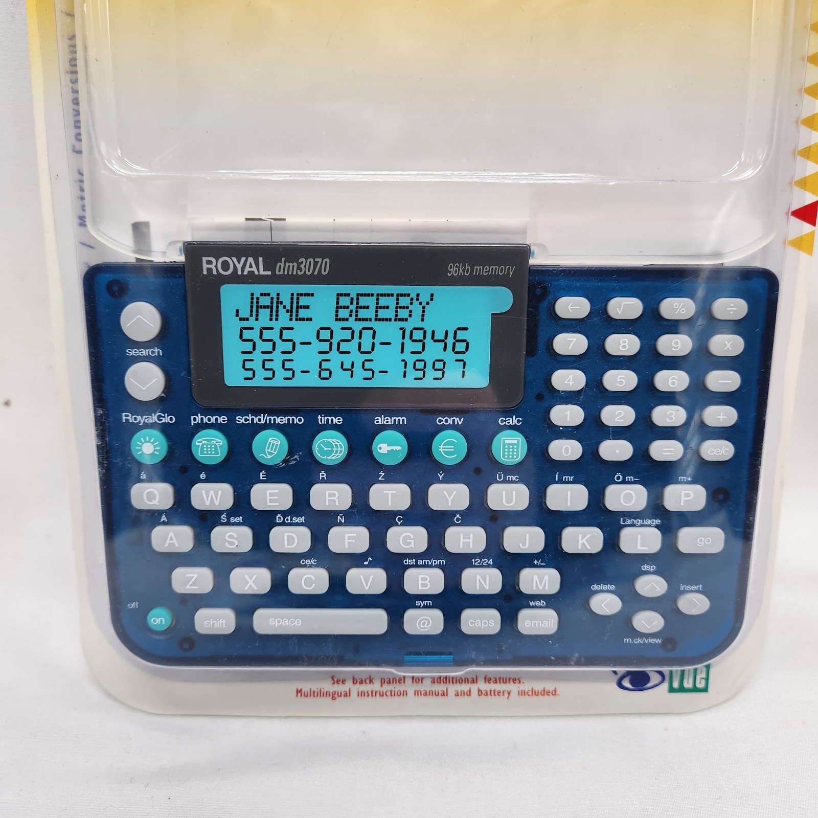 Royal Organizer DM3070 96kb Electronic Calculator Phone Calendar Clear Blue New