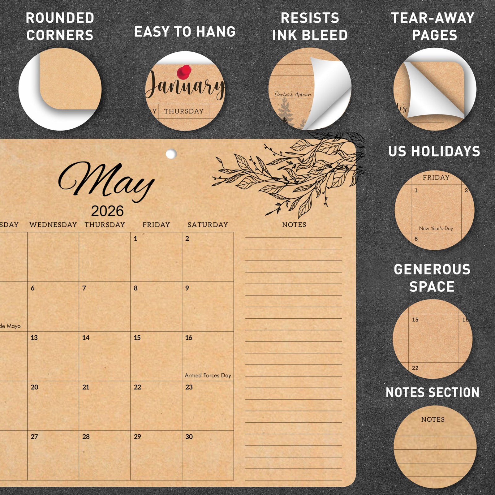 mudrit Desk Calendar 2026, 12 Months Large runs from Large, Brown