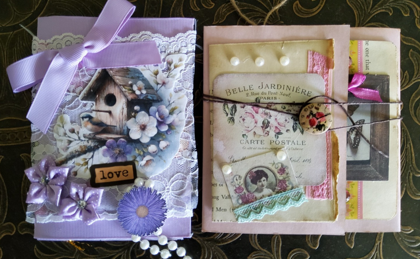 2 Junk Journals Handmade Booklet Folio PINK ROSES & LOVE w/ Pockets & Ephemera