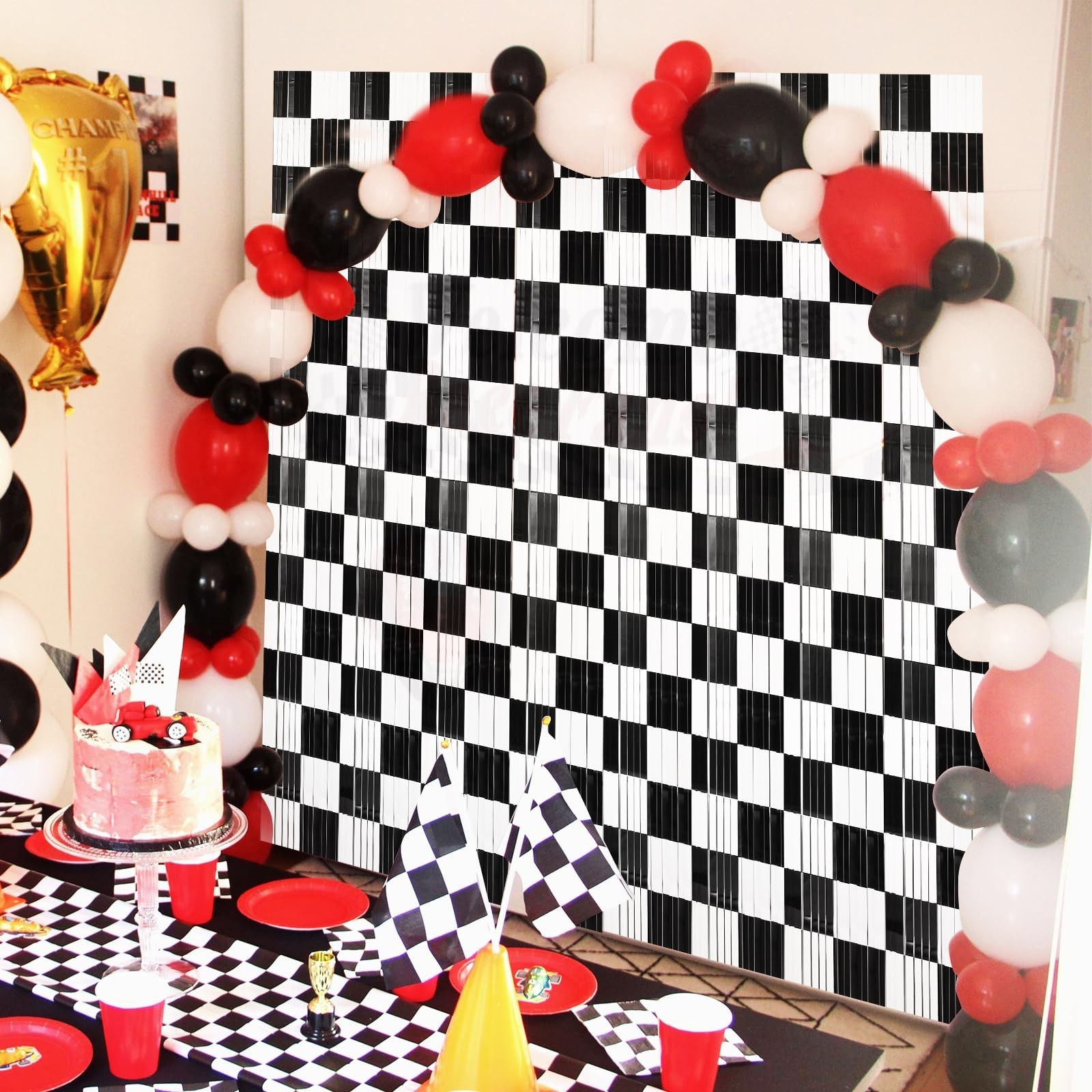 Black and White Checkered Tinsel Backdrop Curtains | 3 PCS, 3.3 x 6.6 ft, Rac…