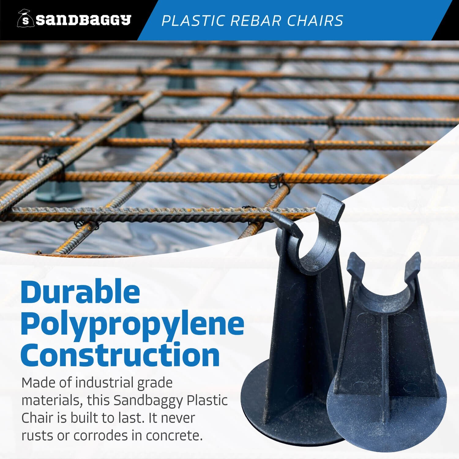 Sandbaggy 2-1/4 Inch Rebar Plastic Chair | Fits Rebar #3 to #5 | Heavy Duty