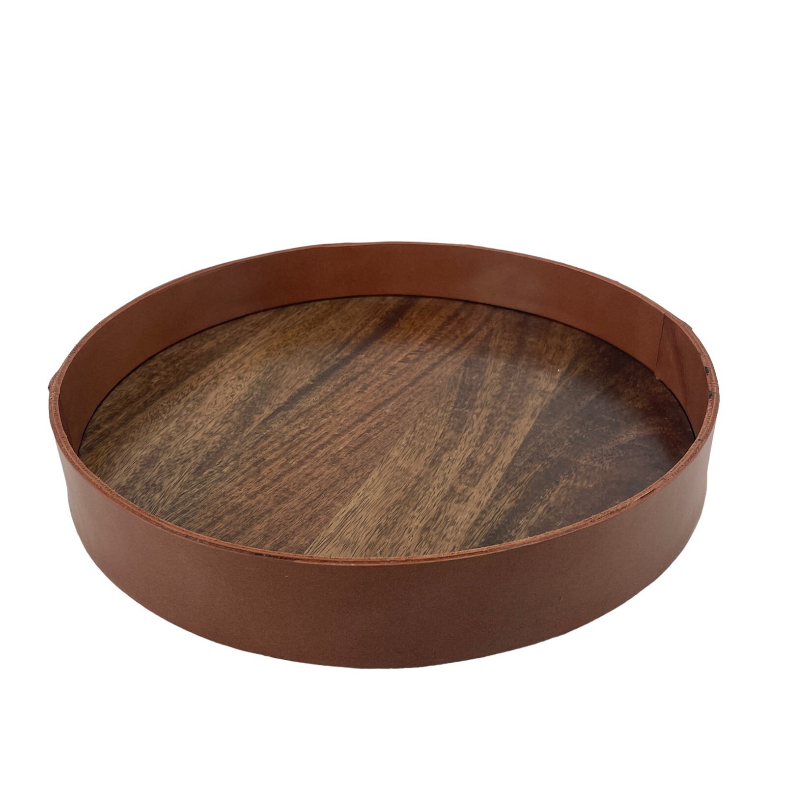 Vintage Wood and Leather 14″ Round Tray Handmade MCM Mid Century 4 lbs Any Room