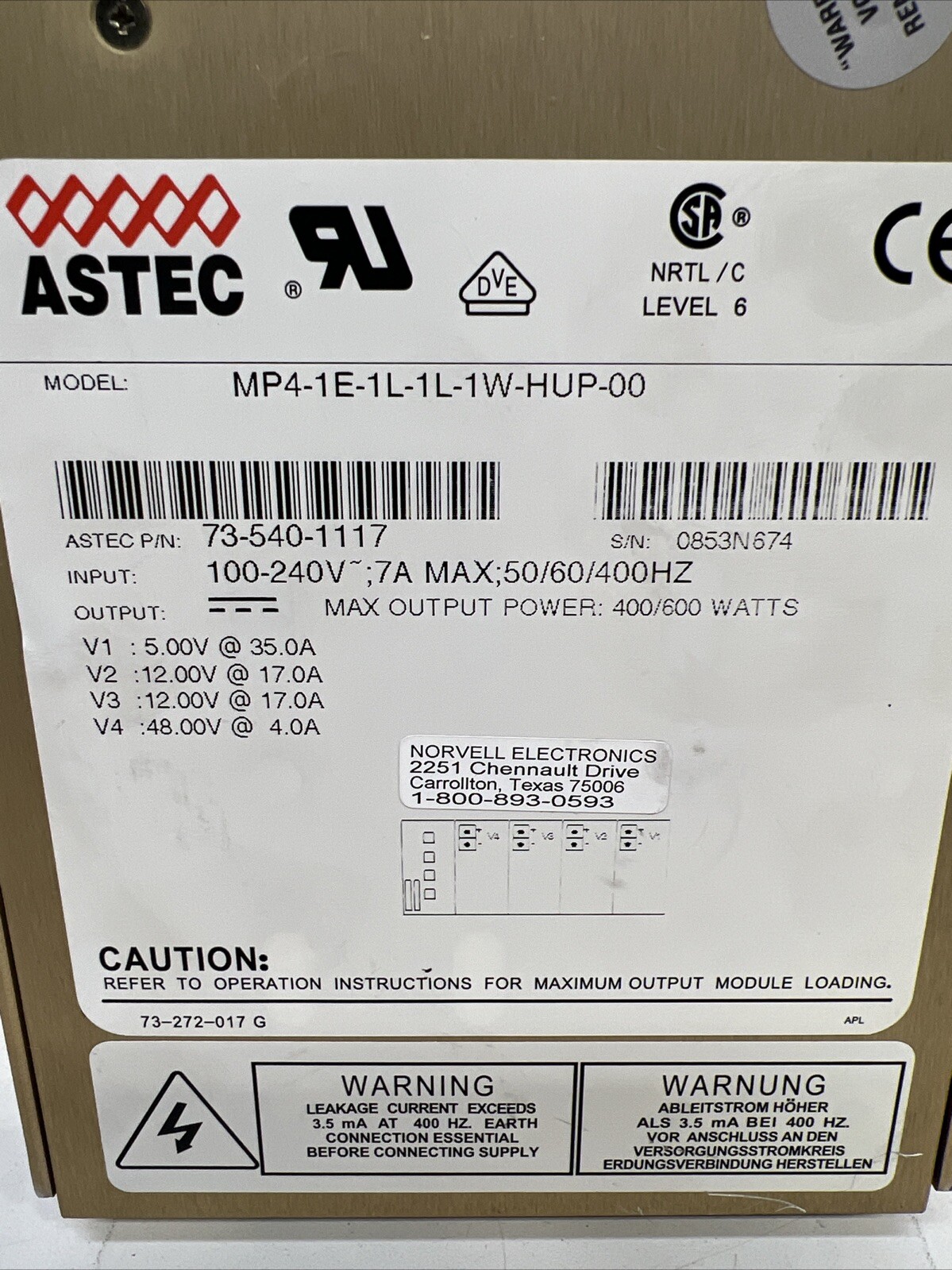 Astec MVP Series 400/600W 5v,12v,12v,48v Power Supply MP4-1E-1L-1L-1W-HUP-00