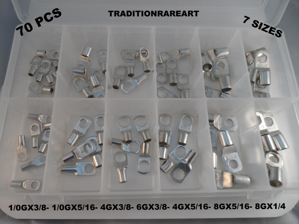70 PIECES 7 SIZES TINNED COPPER LUG BATTERY CABLE CONNECTOR TERMINAL ASSORTMENT