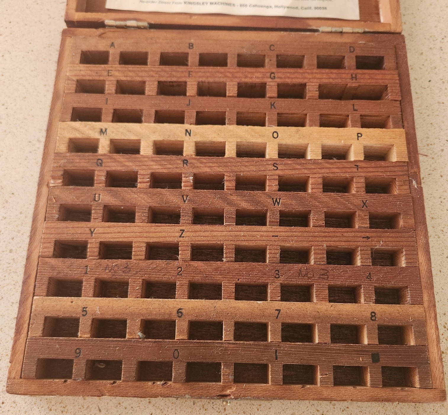 KINGSLEY Machine Co. Hollywood CA Wire Marking Type EMPTY Brass & Wood Box VTG