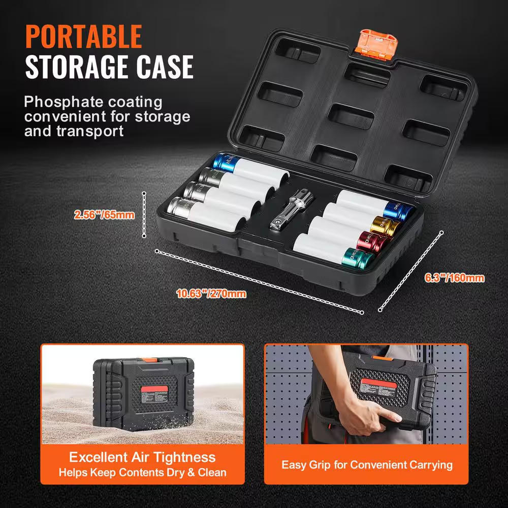 Lug Nut Impact Socket Set, 1/2 In. Drive Metric and SAE 6-Point Deep Socket Set,