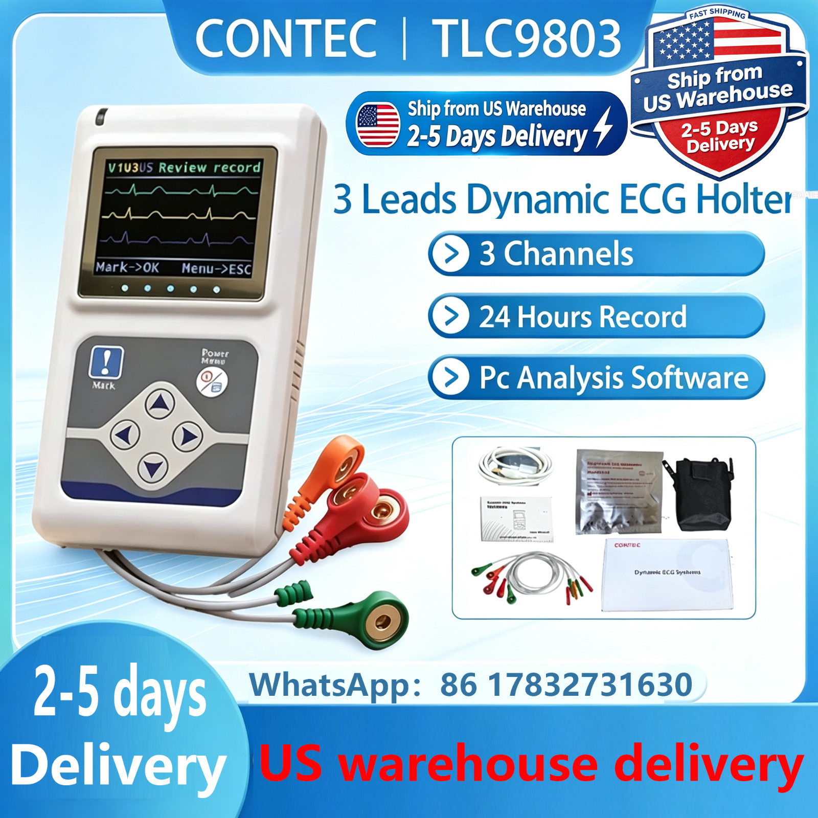 US Warehouse Ship‑CONTEC TLC9803 3‑Lead ECG Holter 24H EKG Recorder PC Software