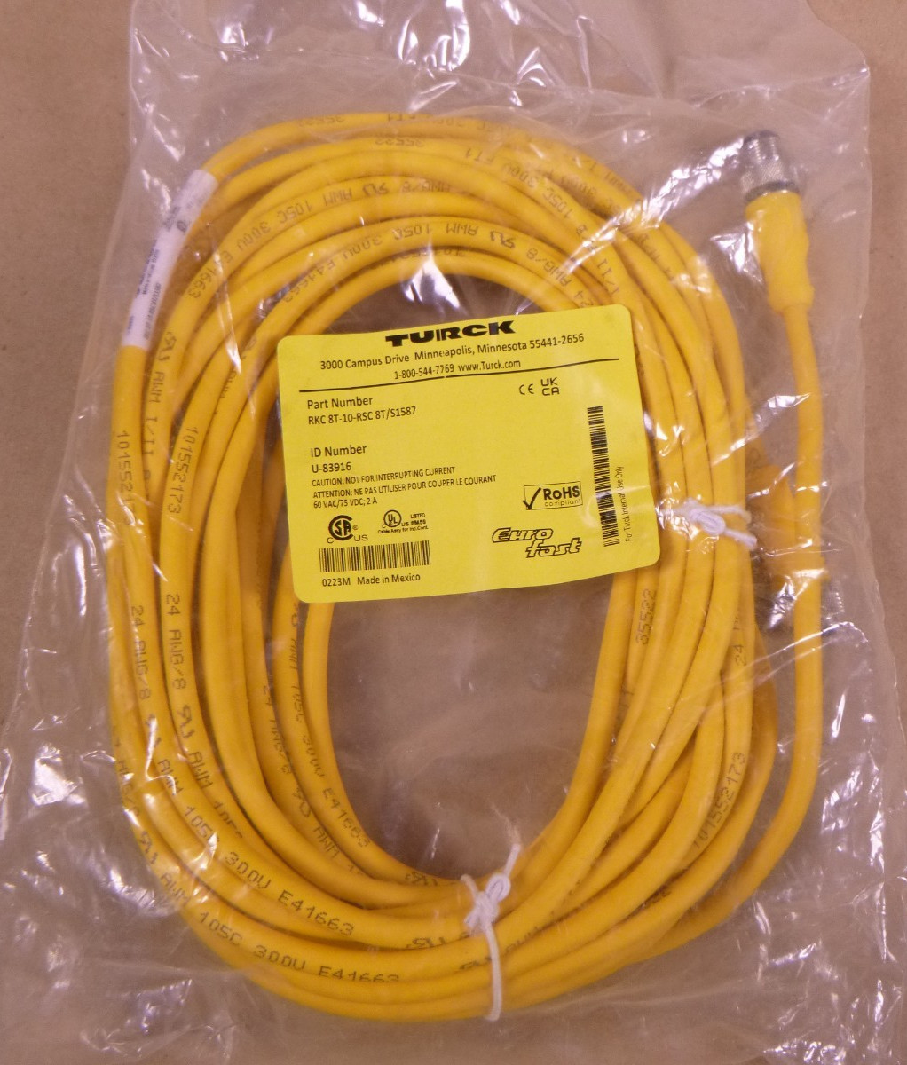 Turck RKC 8T-10-RSC 8T/S1587 Cordset, 8 Pin Male To 8 Pin Female, U-83916 – NEW