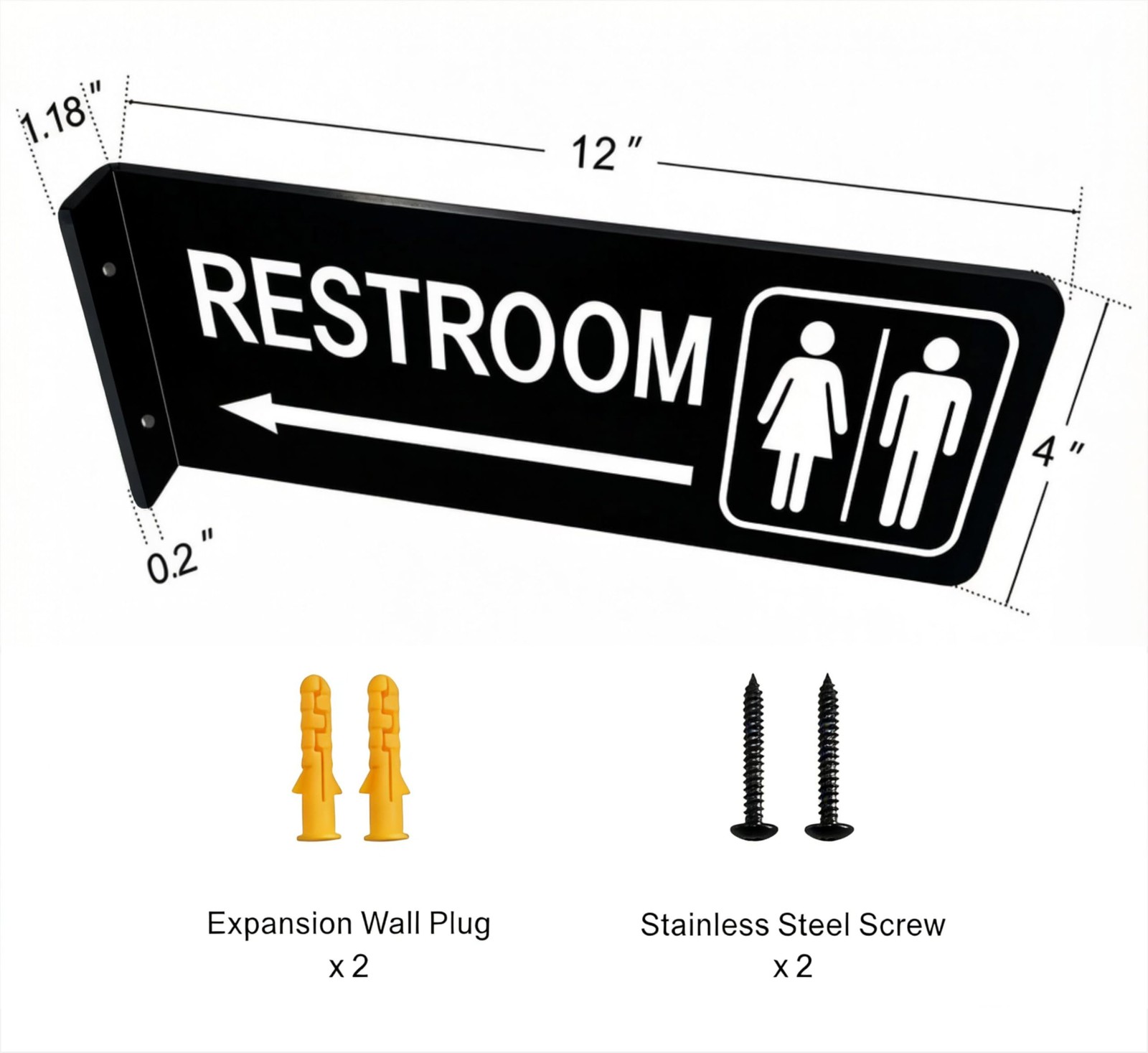 Double-Sided Restroom Sign W/ Arrow 12″x4″ Premium Frosted Acrylic Black