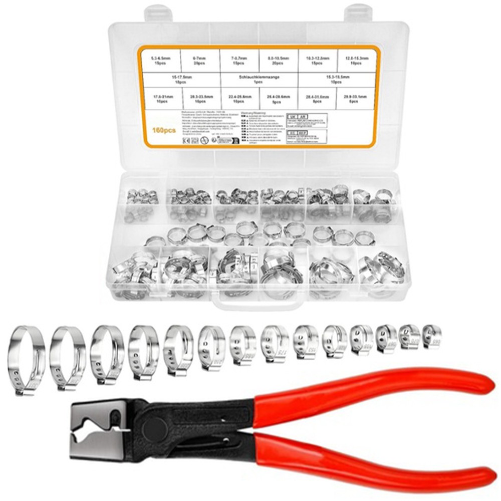 304 Stainless Steel Single Ear Hose Clamps 160 PCS Kit with Pincers Universal