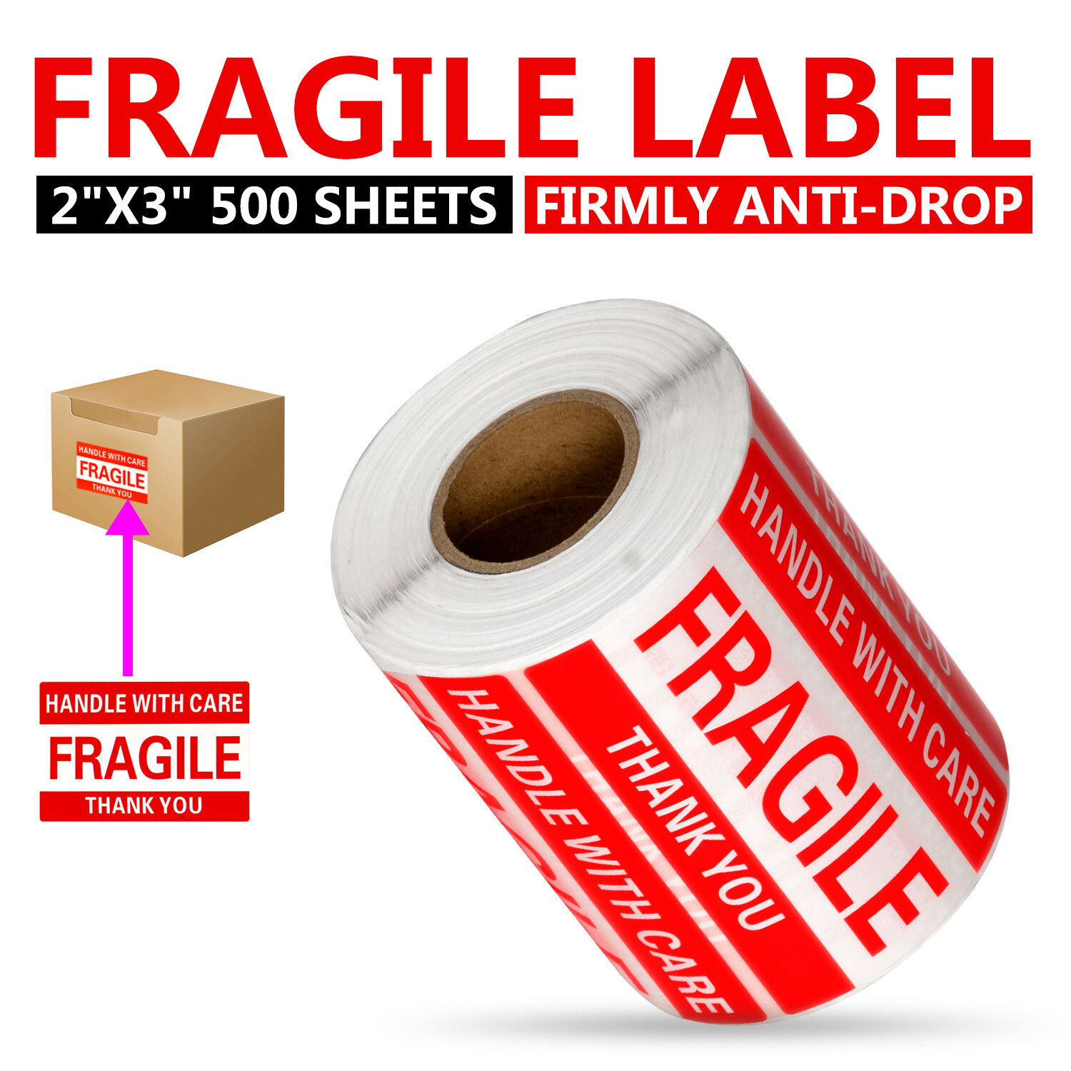 Fragile Stickers 1 Roll 500 2×3 Fragile Label Sticker Handle With Care Mailing