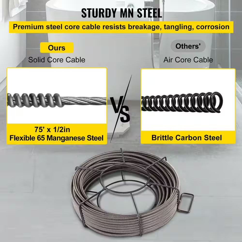 Drain Cleaning Cable 75 Ft. X 1/2 In. Solid Core Cable Sewer Cable Drain Auger C