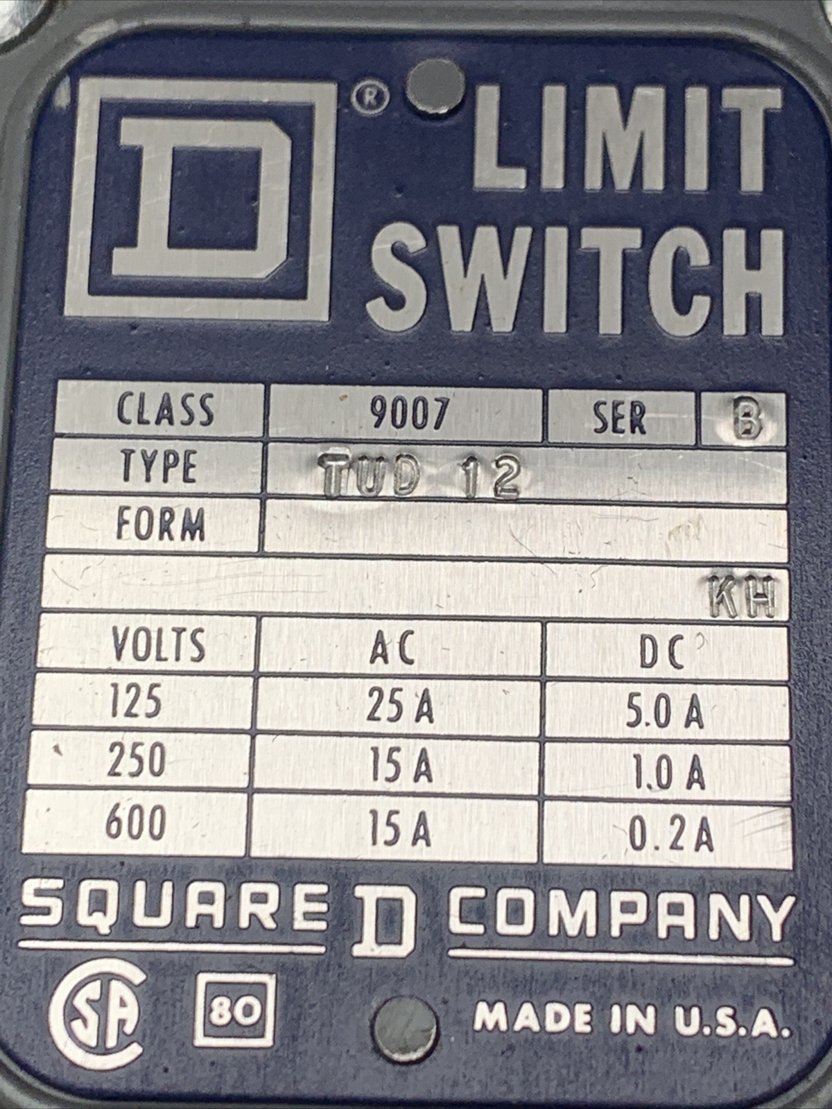 Square D 9007 TUD-12 Limit Switch 125/250/600v-ac/dc