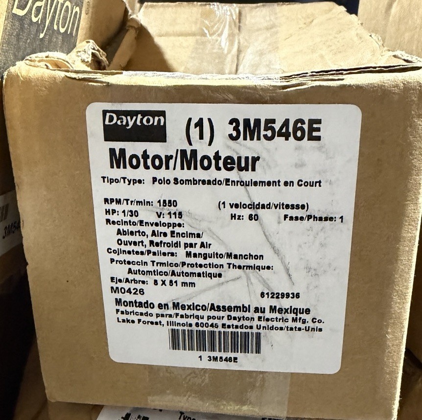 Dayton 71633692M Hvac Motor, 1/30 Hp, 1550 Rpm, 115V, 3.3 Dented Box New Sealed
