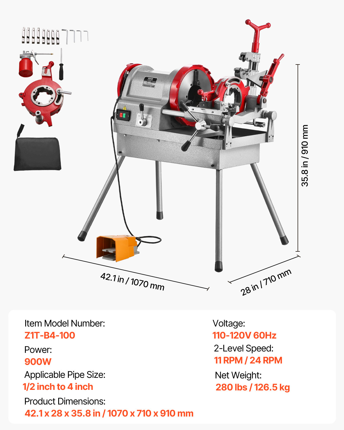 VEVOR Electric Pipe Threader Machine 900W 2-Speed Threading Cutter 1/2″ to 4″
