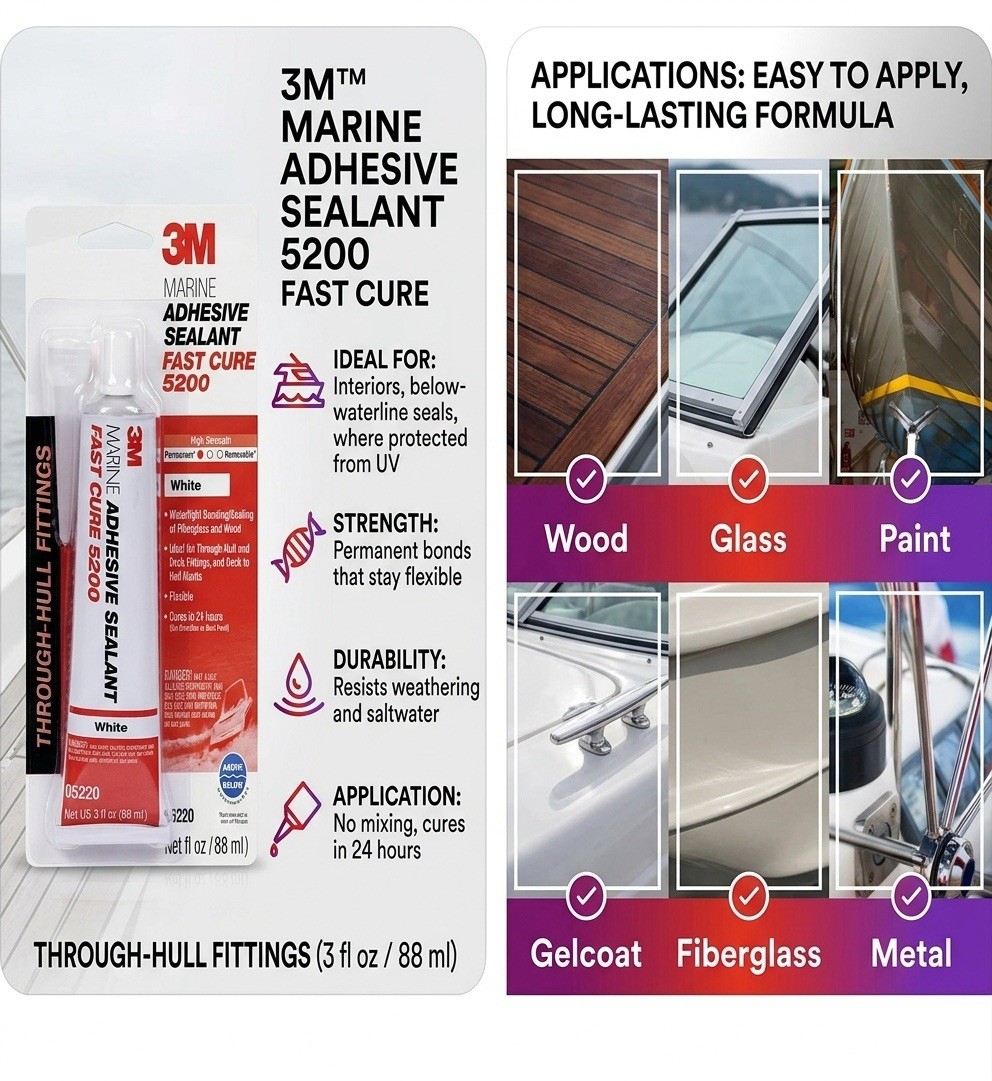 3M 5200 Marine Sealant Fast Cure White 3 oz Tube Fiberglass Adhesive Boat New