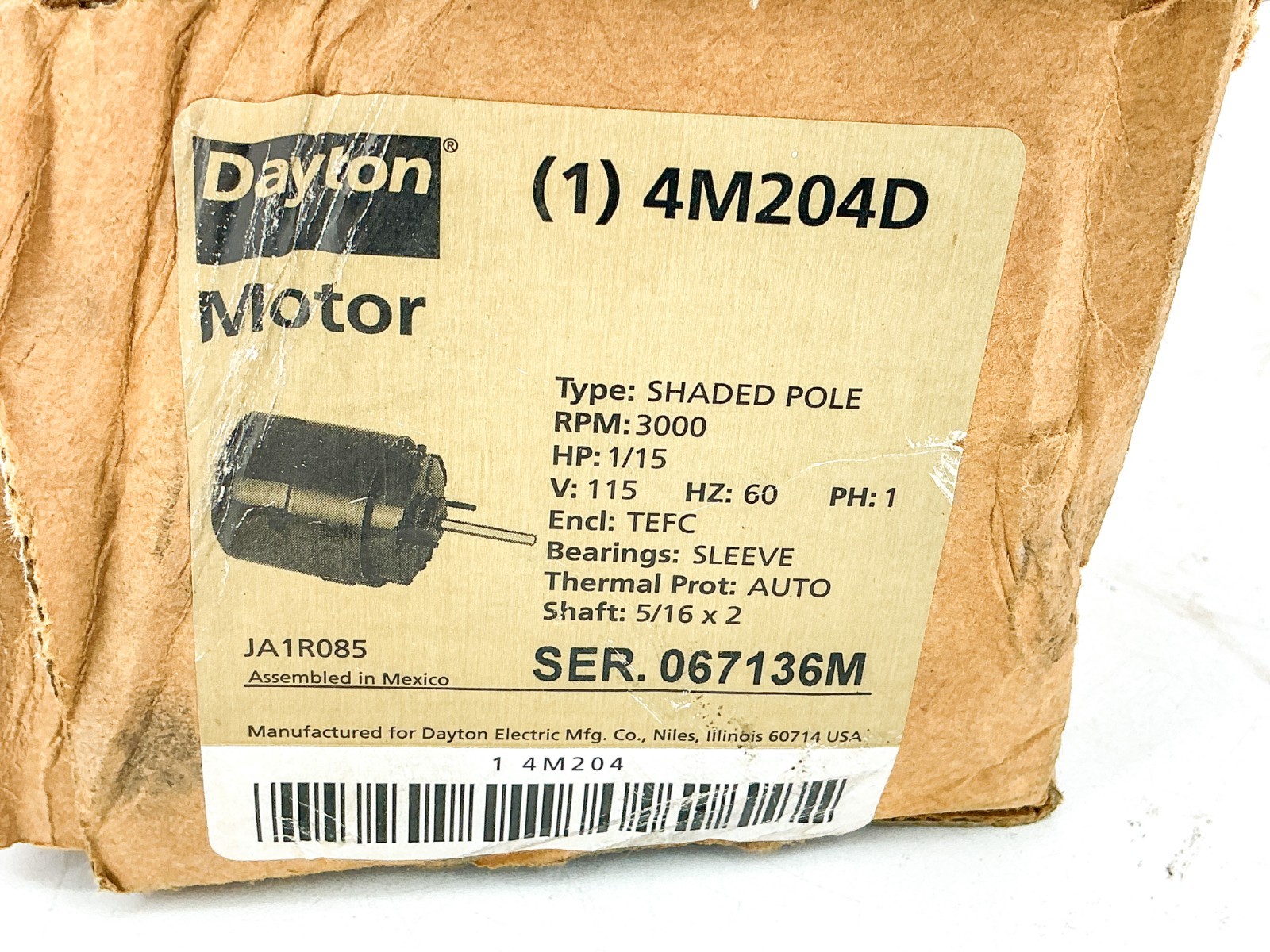 New Dayton 4M204D Electric Motor 115V 3000RPM 1/15HP 1PH