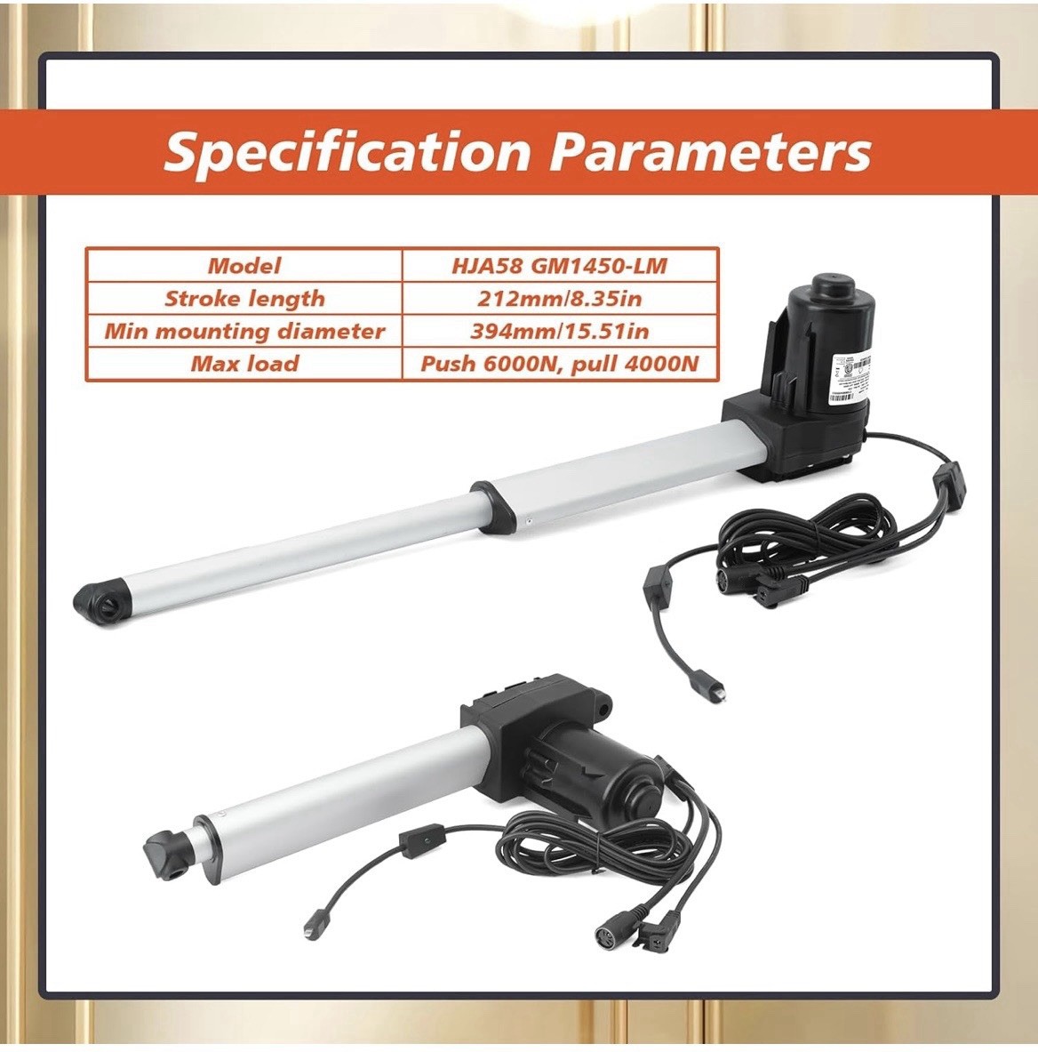 Lift Chair Motor Linear Actuator HJA58 GM1450-LM 212mm 2-Pin 6000N/4000N