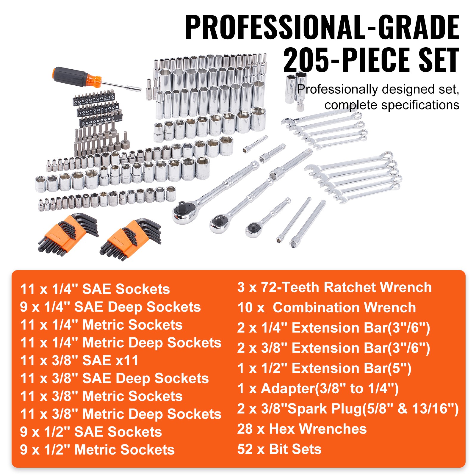 VEVOR Mechanics Tool Set And Socket Set, Drive Deep And Standard Sockets, 205pc