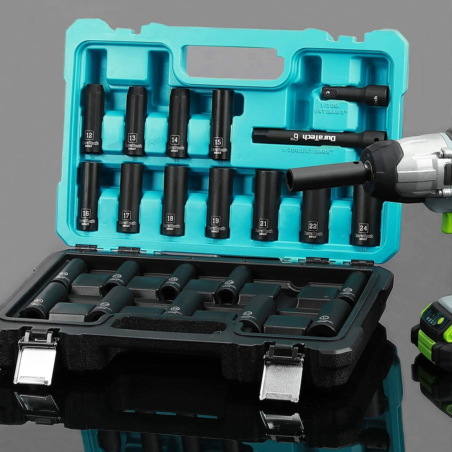 DURATECH 24PC Impact Socket Set 1/2″ Dr Deep Impact Socket Set Metric SAE w/Case