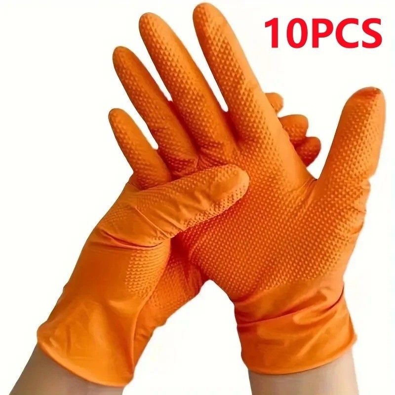 Heavy Duty 8 Mil Orange Nitrile Work Gloves Raised Diamond Texture Industrial