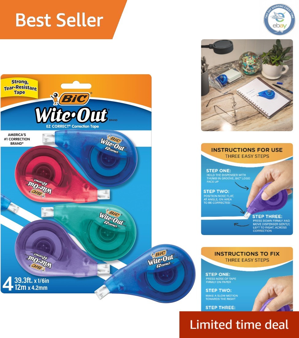 BIC EZ Correct Correction Tape 4-Count | 19.8 Feet of Tear-Resistant Precision