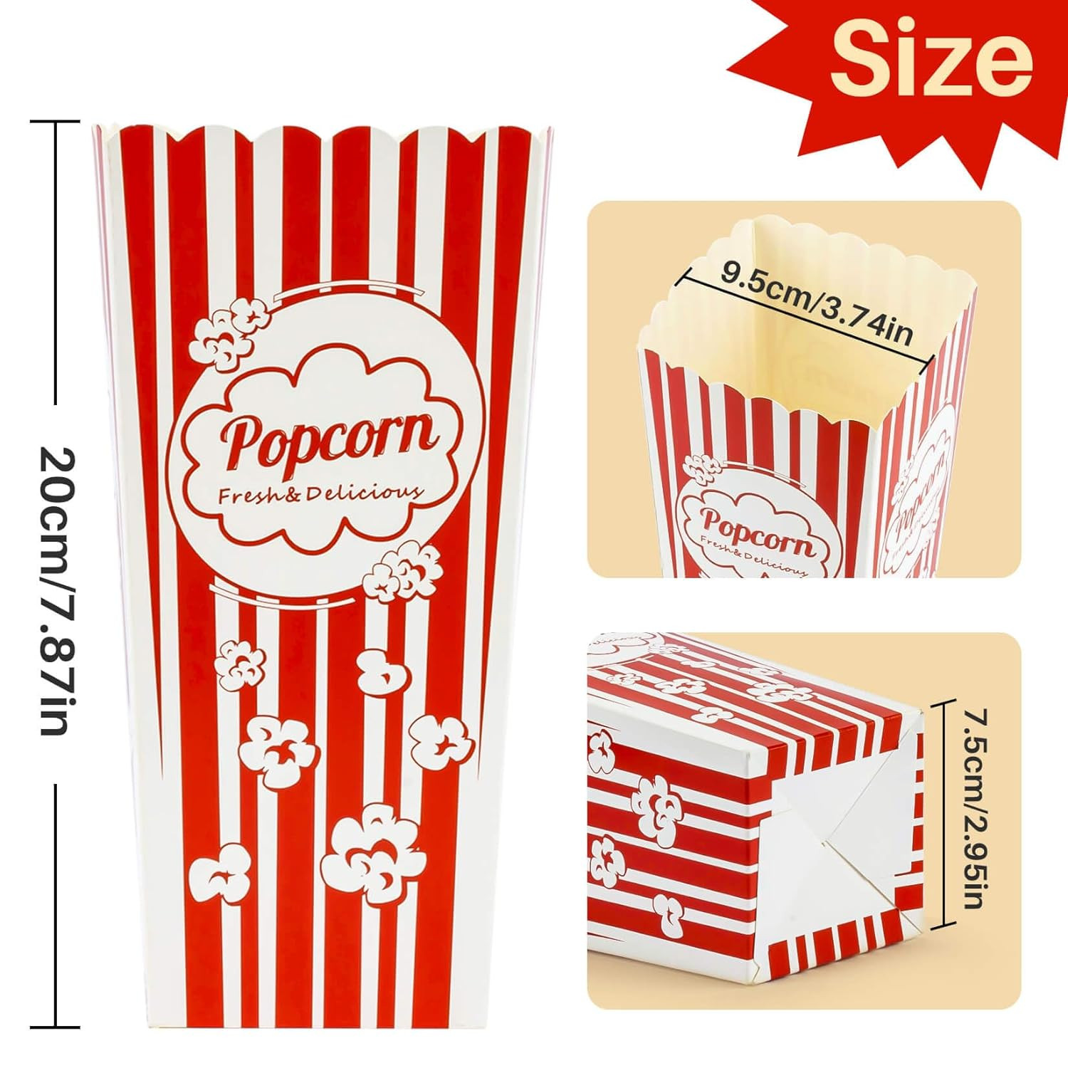 18 Pack Popcorn Boxes Disposable 46oz Red White Striped Cardboard Snack Holder