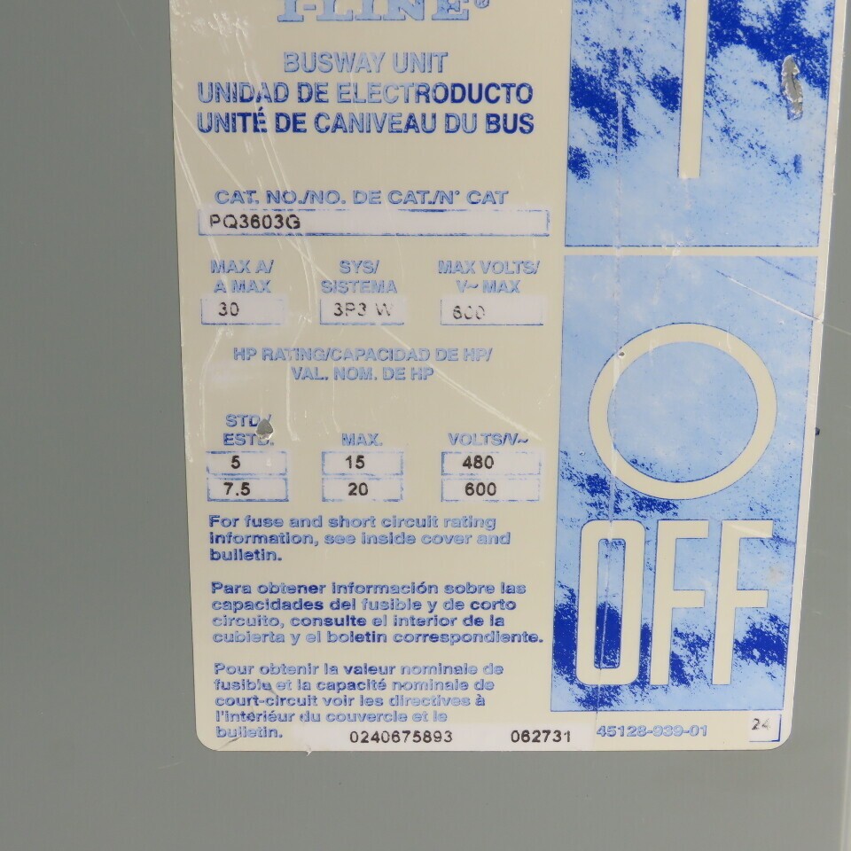 Square D PQ3603G I-Line Fusible Busway Plug Switch Unit 30A 3P 3W 600V