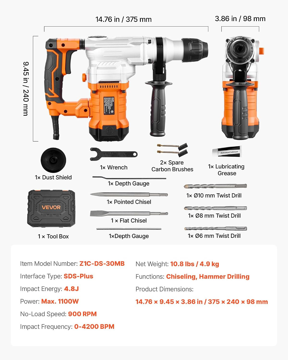 Rotary Hammer Drill, 1-1/8 in Sds-Plus Electric Corded Heavy Duty Rotary