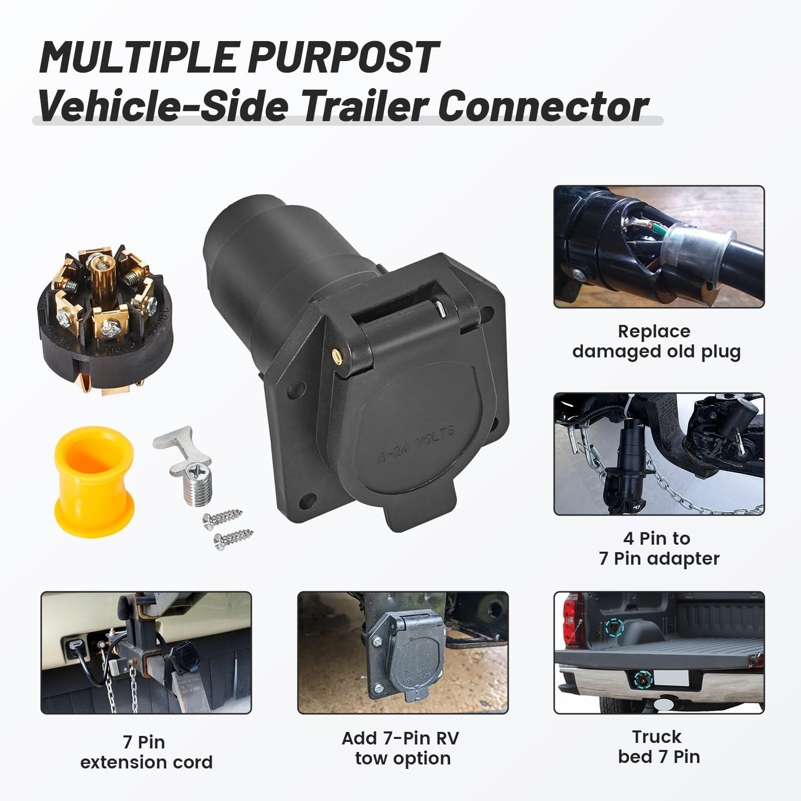 MECMO 7-Way RV Trailer Wiring Harness Connector Vehicle-Side Socket 6-24V