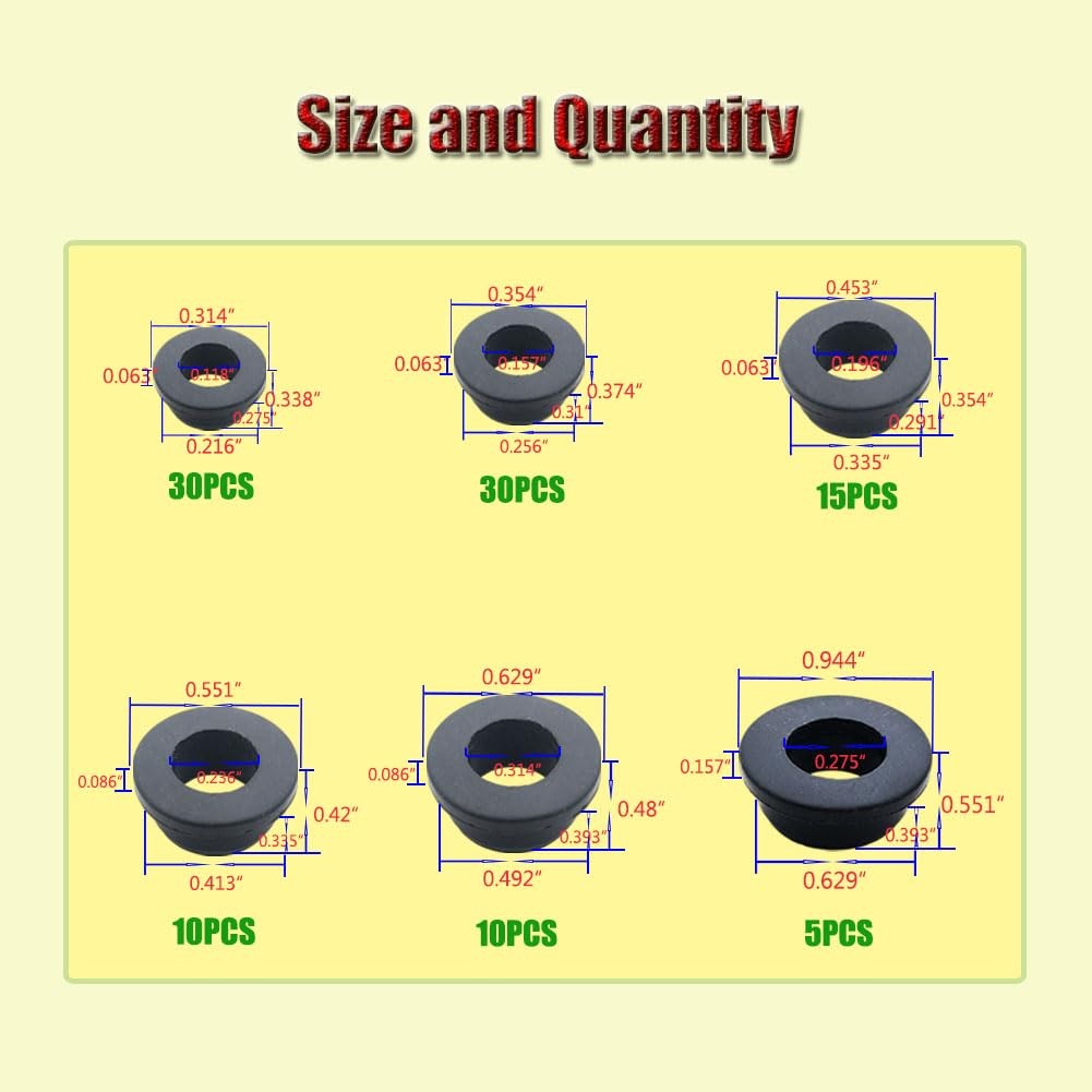 100PCS T-Type Rubber Grommet kit 6 Size Silicone Grommets for Wiring Automotive