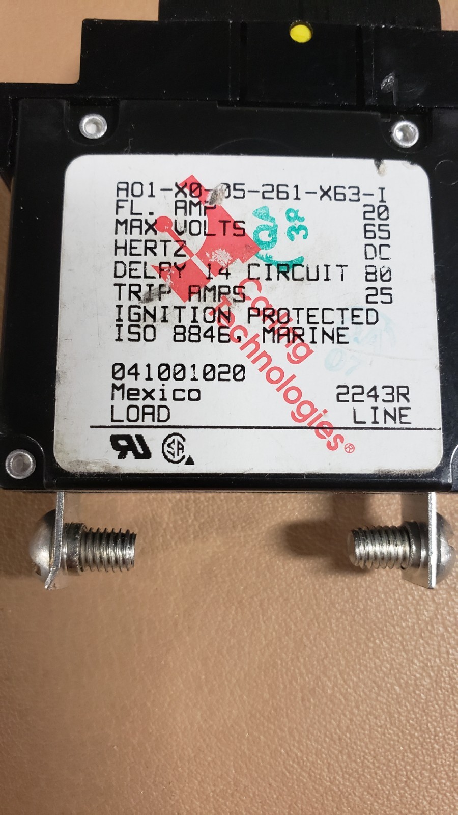 CARLING 20A / SINGLE POLE PANEL MOUNT CIRCUIT BREAKER # A01-X0-05-261-X63-I