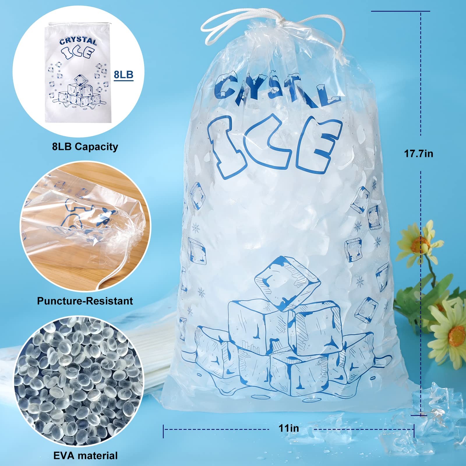 ice bags 8 lb drawstring, 50 count ice bags ice machine, heavy-duty reusable ice