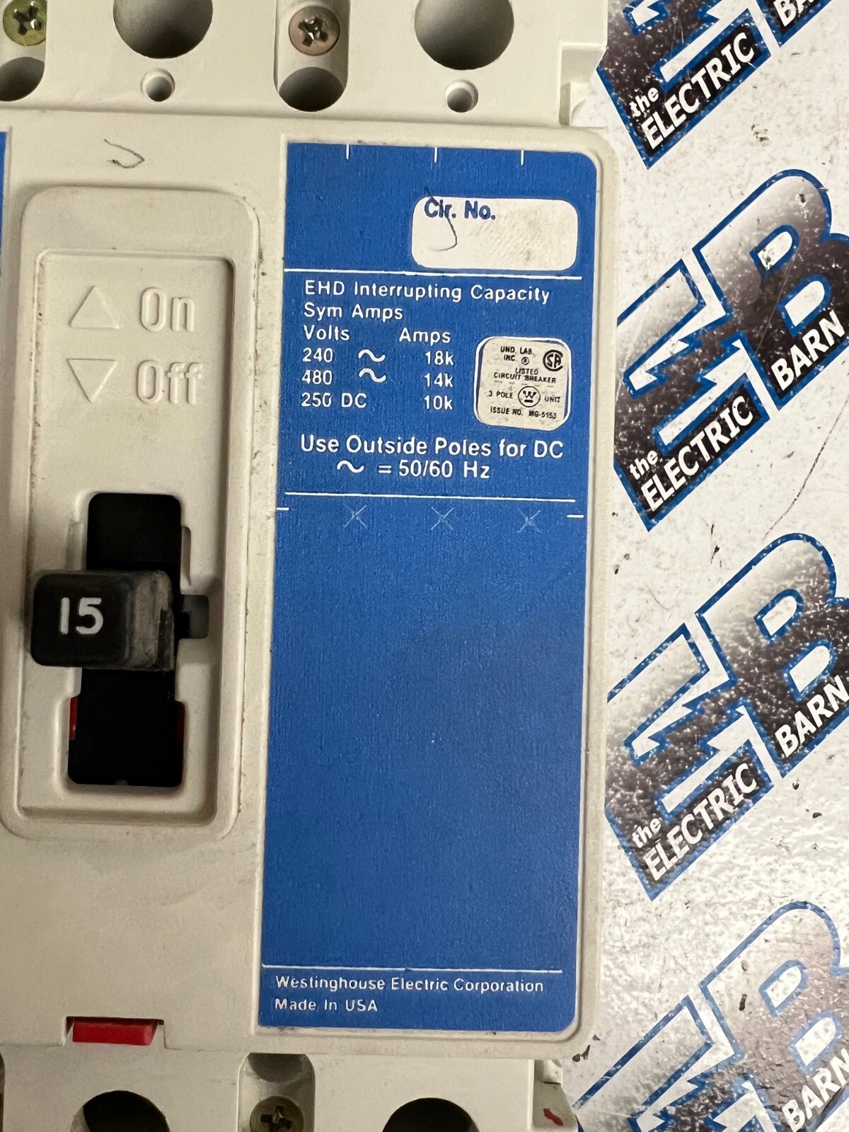Westinghouse EHD3015, 15 Amp, 480 Volt, 3 Pole, Circuit Breaker- WARRANTY